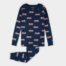 Load image into Gallery viewer, Petit Lem Boys Fire Truck Print on Navy Blue PJ Set
