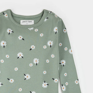 Petit Lem Girls Daisy Print on Sage Green Ribbed PJ Set
