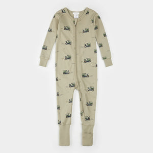 Petit Lem Firsts Baby Lawnmower Print on Tea Green Convertible Sleeper