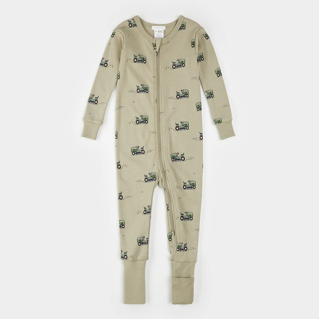 Petit Lem Firsts Baby Lawnmower Print on Tea Green Convertible Sleeper