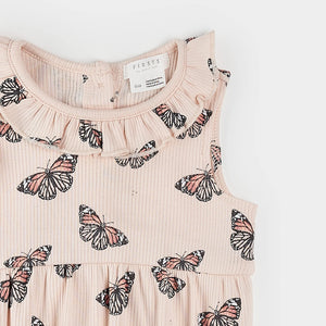 Petit Lem Firsts Baby Girls Monarch Print on Ribbed Cherry Blossom Bubble Romper