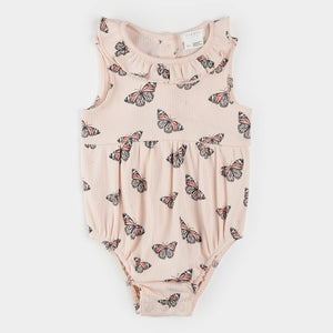 Petit Lem Firsts Baby Girls Monarch Print on Ribbed Cherry Blossom Bubble Romper