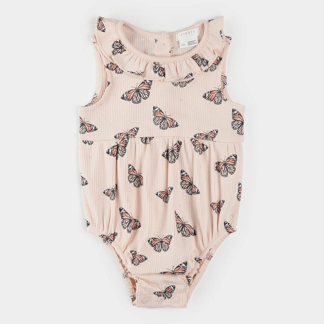Petit Lem Firsts Baby Girls Monarch Print on Ribbed Cherry Blossom Bubble Romper