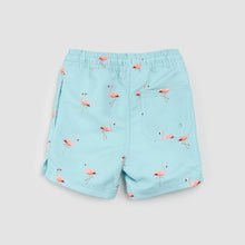 Load image into Gallery viewer, Miles the Label Boys Flamingo Print on Canal Blue Swim Trunks
