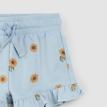 Load image into Gallery viewer, Miles the Label Girls Ruffled Shorts - Sunflower Print on Celestial Blue
