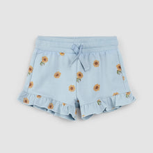 Load image into Gallery viewer, Miles the Label Girls Ruffled Shorts - Sunflower Print on Celestial Blue
