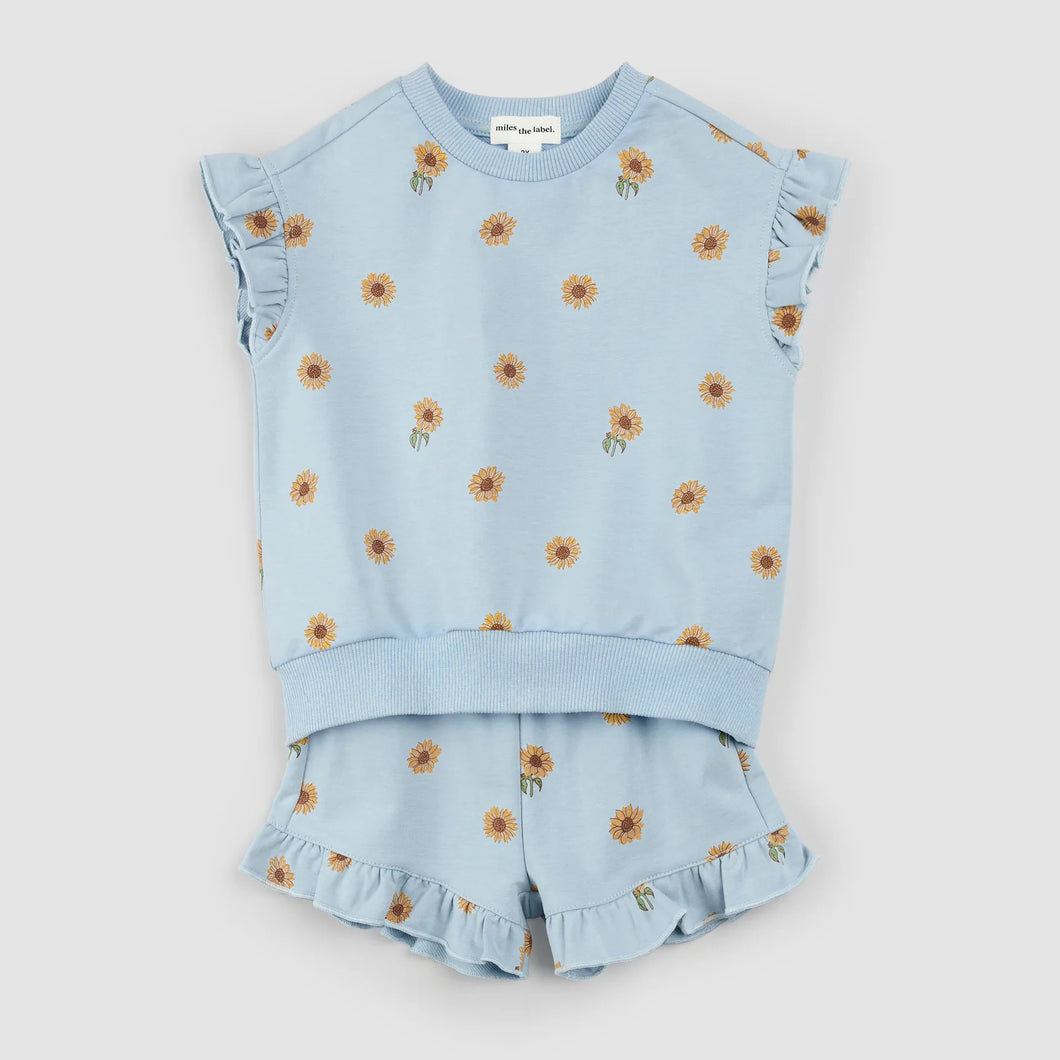 Miles the Label Baby Girls Sunflower Print on Celestial Blue Shorts Set