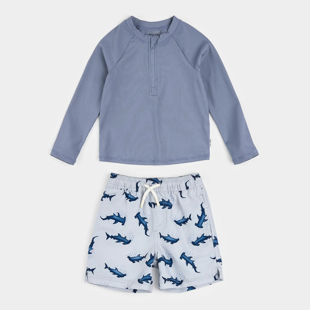 Petit Lem Baby Boys Ribbed Long Sleeve Faded Blue & Hammerhead Rashguard Set