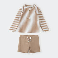 Load image into Gallery viewer, Petit Lem Baby Seersucker Taupe Stripe &amp; Sand Baby Rashguard Set
