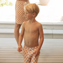 Load image into Gallery viewer, Petit Lem Boys Yellow Checkerboard Swim Trunks
