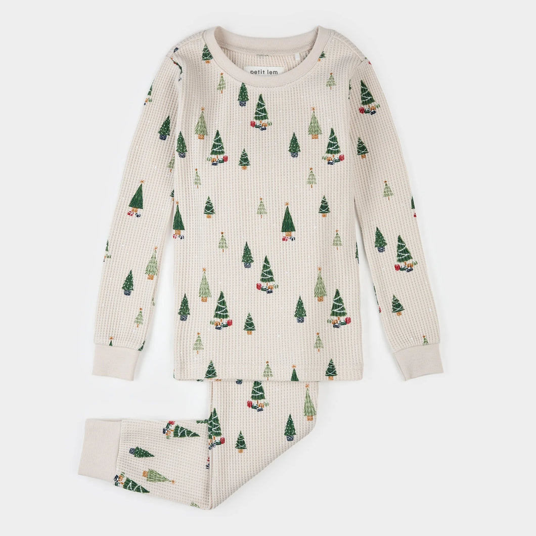 Petit Lem Christmas Tree Print on Creme Ribbed PJ Set