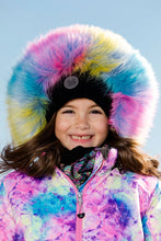 Load image into Gallery viewer, deux par deux Girls Two Piece Snowsuit - Frosted Rainbow Print With Black Pant
