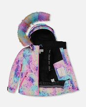 Load image into Gallery viewer, deux par deux Girls Two Piece Snowsuit - Frosted Rainbow Print With Black Pant
