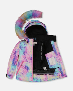 deux par deux Girls Two Piece Snowsuit - Frosted Rainbow Print With Black Pant