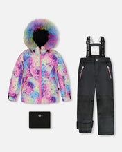 Load image into Gallery viewer, deux par deux Girls Two Piece Snowsuit - Frosted Rainbow Print With Black Pant

