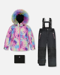 deux par deux Girls Two Piece Snowsuit - Frosted Rainbow Print With Black Pant