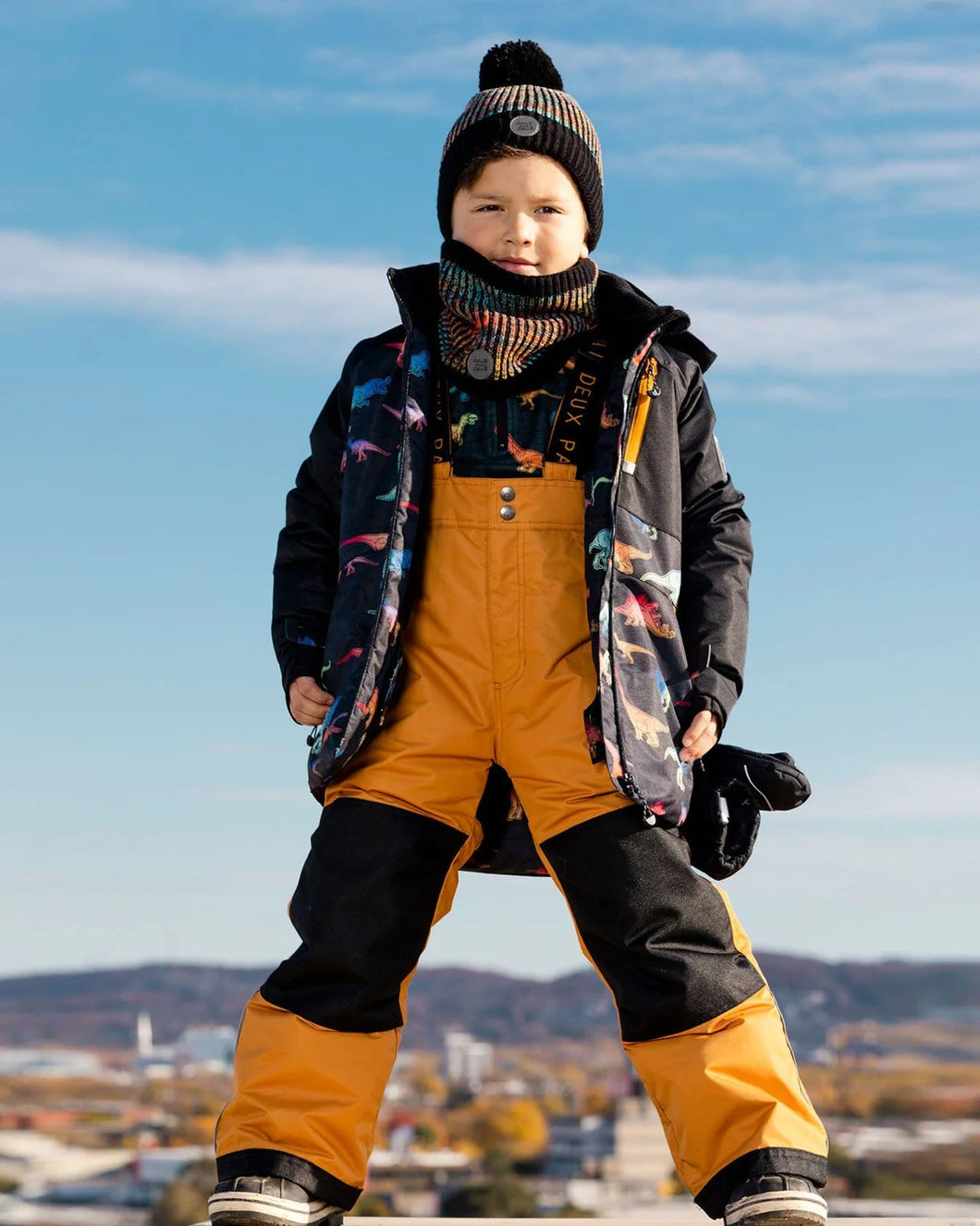 deux par deux Boys Two Piece Snowsuit - Golden Oak With Gradient Dino Print