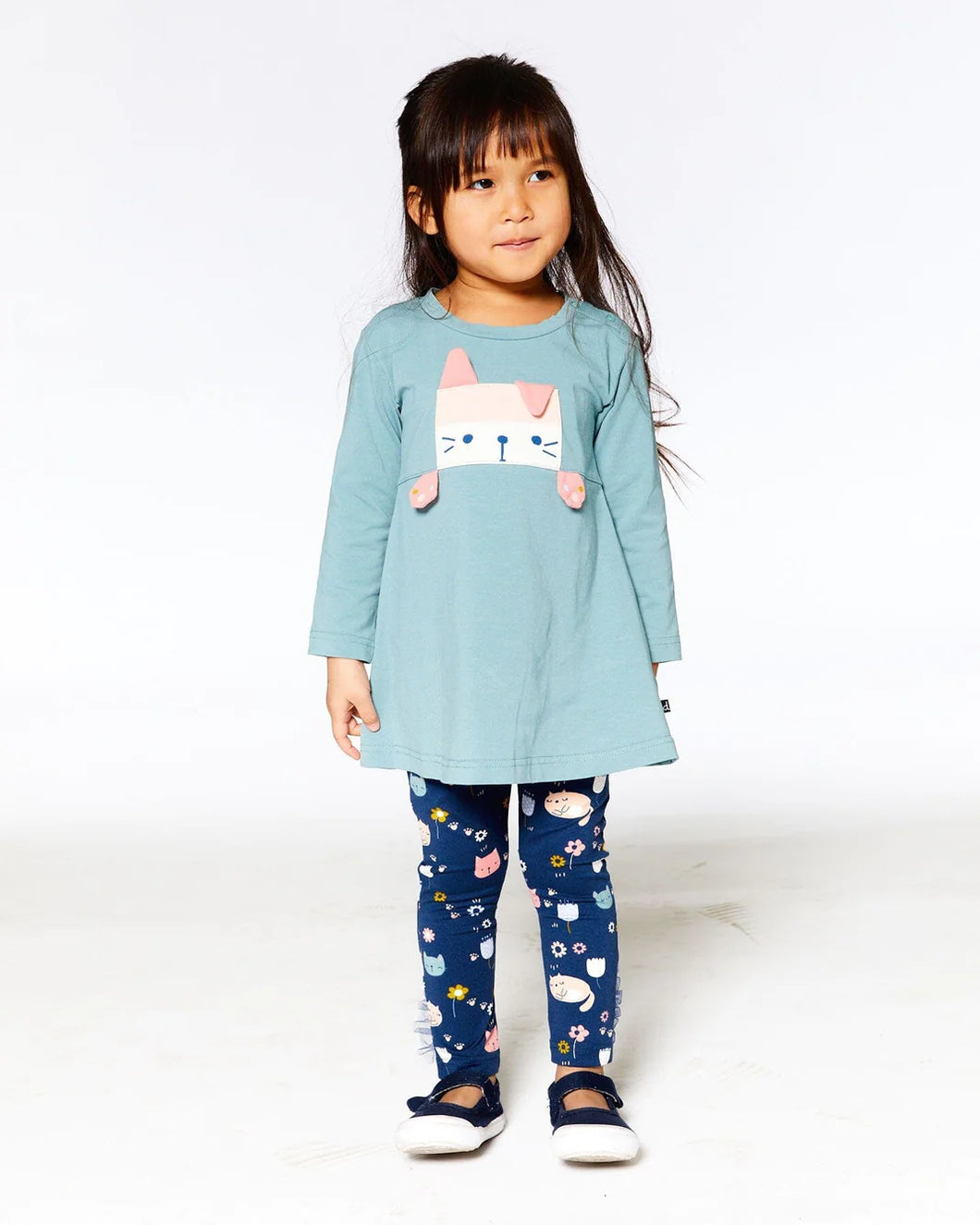 deux par deux Girls Organic Cotton Tunic And Printed Leggings Set - Sage Green And Navy