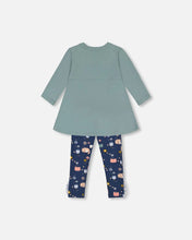 Load image into Gallery viewer, deux par deux Girls Organic Cotton Tunic And Printed Leggings Set - Sage Green And Navy
