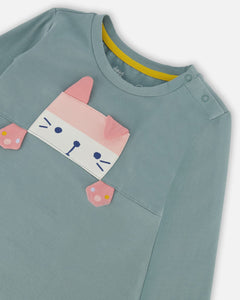 deux par deux Girls Organic Cotton Tunic And Printed Leggings Set - Sage Green And Navy