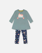 Load image into Gallery viewer, deux par deux Girls Organic Cotton Tunic And Printed Leggings Set - Sage Green And Navy
