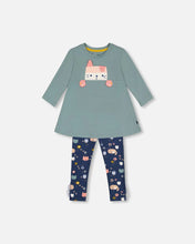 Load image into Gallery viewer, deux par deux Girls Organic Cotton Tunic And Printed Leggings Set - Sage Green And Navy
