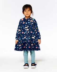 deux par deux Girls Printed Dress With Mesh Frill - Navy Sleepy Cats