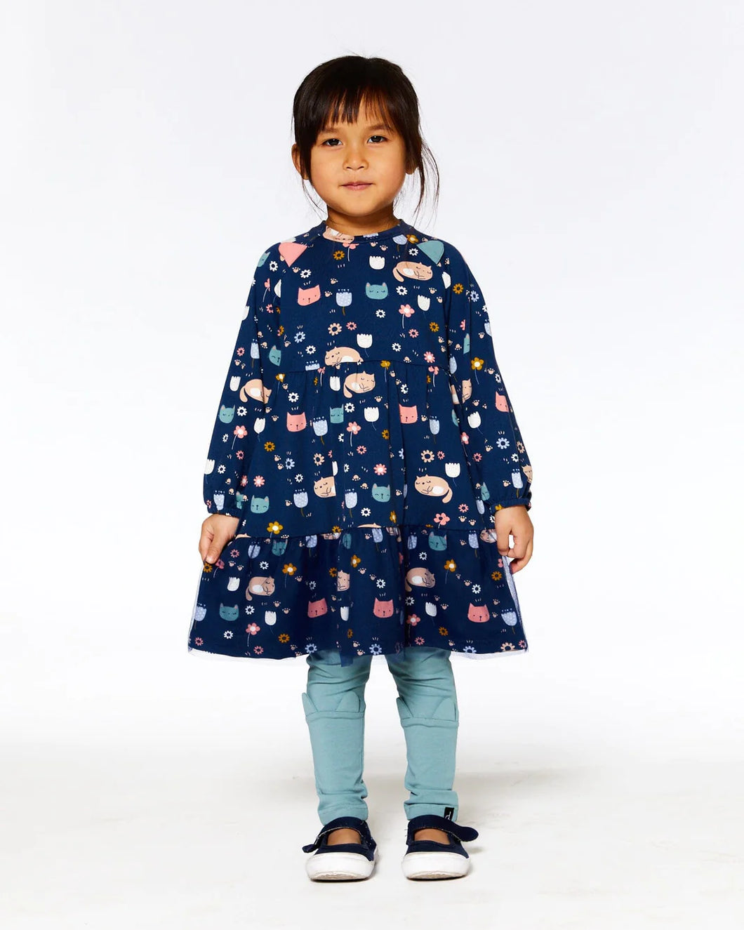deux par deux Girls Printed Dress With Mesh Frill - Navy Sleepy Cats