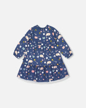 Load image into Gallery viewer, deux par deux Girls Printed Dress With Mesh Frill - Navy Sleepy Cats
