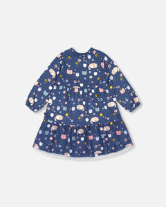 deux par deux Girls Printed Dress With Mesh Frill - Navy Sleepy Cats