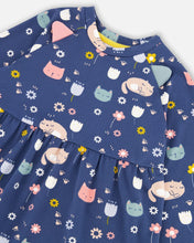 Load image into Gallery viewer, deux par deux Girls Printed Dress With Mesh Frill - Navy Sleepy Cats
