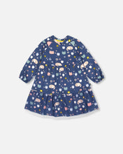 Load image into Gallery viewer, deux par deux Girls Printed Dress With Mesh Frill - Navy Sleepy Cats
