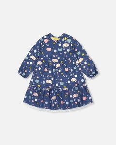 deux par deux Girls Printed Dress With Mesh Frill - Navy Sleepy Cats