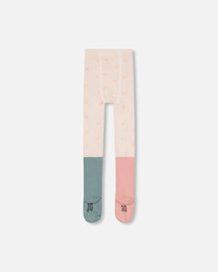 deux par deux Girls Tights With Cat Face - Cream, Rosette Pink And Sage Green