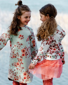 deux par deux Girls Long Sleeve Fleece Dress - Sage Green With Flower Print