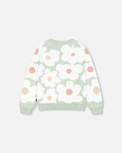 Load image into Gallery viewer, deux par deux Girls Jacquard Knit Sweater - Sage Green With Retro Flowers

