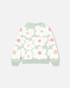 deux par deux Girls Jacquard Knit Sweater - Sage Green With Retro Flowers