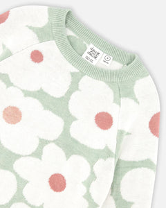 deux par deux Girls Jacquard Knit Sweater - Sage Green With Retro Flowers