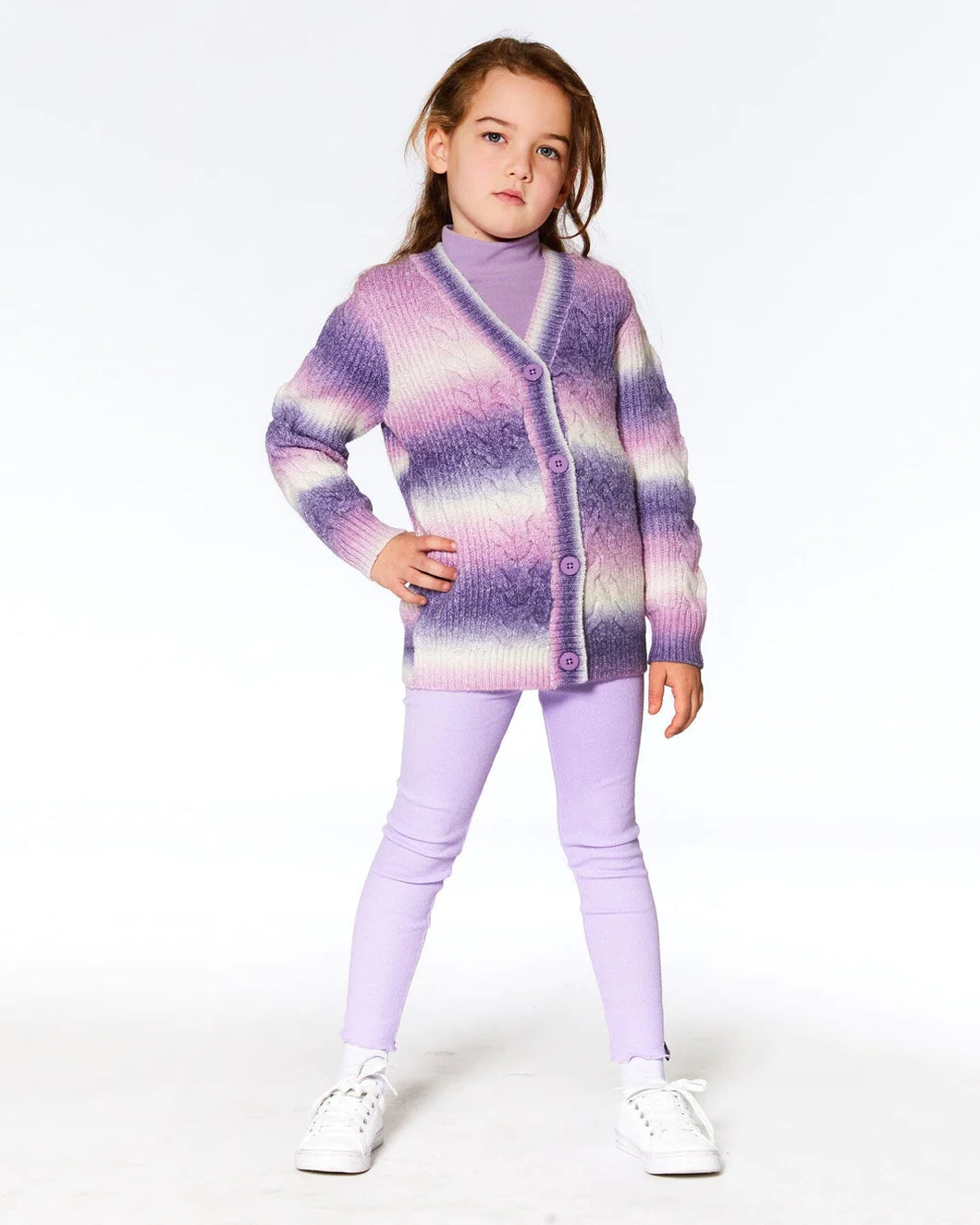 deux par deux Girls Knitted Cable Long Cardigan - Lavender Gradient