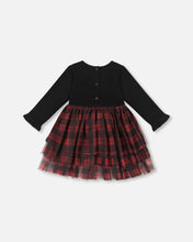 Load image into Gallery viewer, deux par deux Girls Bi-Material Long Sleeve Dress With Glittering Tulle Skirt - Buffalo Plaid Red &amp; Black
