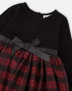 deux par deux Girls Bi-Material Long Sleeve Dress With Glittering Tulle Skirt - Buffalo Plaid Red & Black