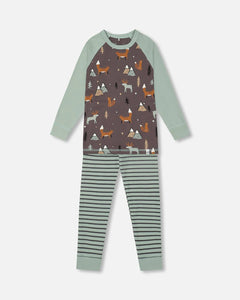 deux par deux Organic Cotton Two Piece Pajama Set - Dark Grey Fox Print