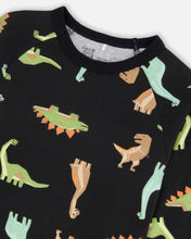 Load image into Gallery viewer, deux par deux Boys Organic Cotton Two Piece Pajama Set - Black With Dinosaurs Print
