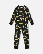 Load image into Gallery viewer, deux par deux Boys Organic Cotton Two Piece Pajama Set - Black With Dinosaurs Print
