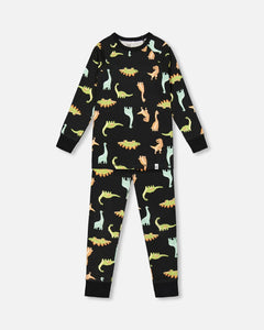 deux par deux Boys Organic Cotton Two Piece Pajama Set - Black With Dinosaurs Print
