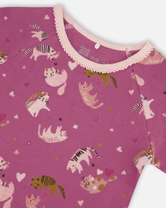 deux par deux Girls Organic Cotton Two Piece Pajama Set - Purple Little Cats Print