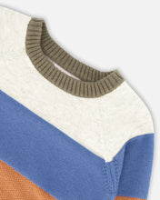 Load image into Gallery viewer, deux par deux Boys Colour Block Knitted Raglan Sweater - Red Wine, Burnt Orange And Oatmeal Stripe
