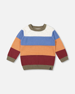 deux par deux Boys Colour Block Knitted Raglan Sweater - Red Wine, Burnt Orange And Oatmeal Stripe