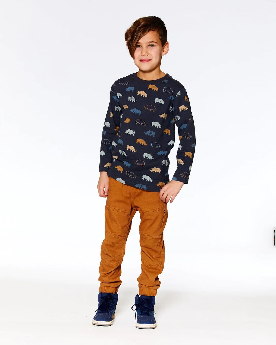 deux par deux Boys Share Printed Rhinoceros Jersey T-Shirt - Ebony Grey