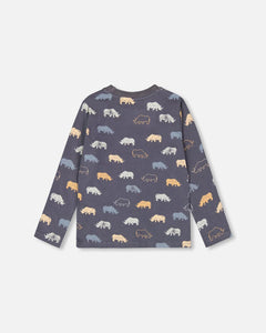 deux par deux Boys Share Printed Rhinoceros Jersey T-Shirt - Ebony Grey